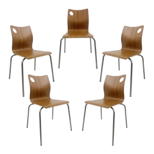 Pack de 5 sillas Amelie apilables en acero inoxidable con asiento HPL color nogal