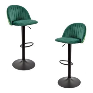 Pack de 2 taburetes Flower regulables en metal negro con tapizado velvet verde y trasera floral