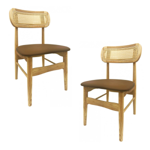 Pack de 2 sillas Cáucaso en madera con rejilla y asiento de similpiel marrón