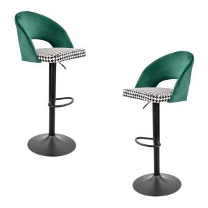 Pack de 2 taburetes Teide regulables en metal negro con tapizado verde pata de gallo