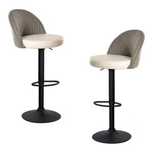 Pack de 2 taburetes Etna regulables en metal negro con tapizado pata de gallo y similpiel blanca