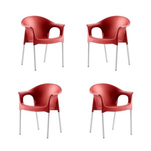Pack de 4 sillones Nilo apilables en aluminio con asiento de polipropileno rojo
