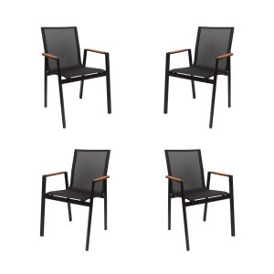 Pack de 4 sillones Rosauro apilables en aluminio con textilene negro