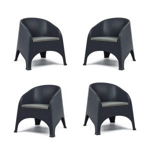 Pack de 4 sillones Surf apilables en polipropileno antracita con cojín gris
