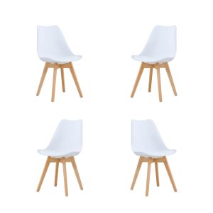 Pack de 4 sillas Torre en madera con asiento de polipropileno y cojín blanco
