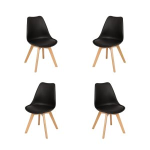 Pack de 4 sillas Torre en madera con asiento de polipropileno y cojín negro