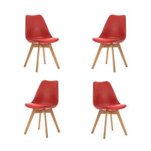 Pack de 4 sillas Torre en madera con asiento de polipropileno y cojín rojo