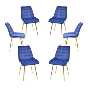 Pack de 6 sillas Gilda en metal dorado con tapizado velvet azul