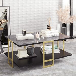 Mesa de centro Siena efecto mármol negro con estructura dorada 91,5 cm