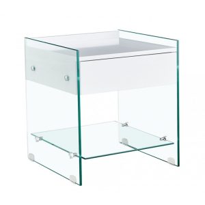 Mesa auxiliar Darling con tapa de cristal templado y cajón blanco 45 x 45 cm