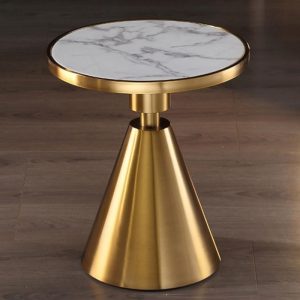 Mesa de centro Jassy dorada con tapa cerámica efecto mármol blanco 50 cm de diámetro