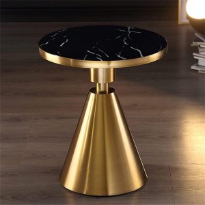 Mesa de centro Jassy dorada con tapa cerámica efecto mármol negro 50 cm de diámetro