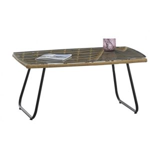 Mesa de centro Kroya en metal y ratán con tapa de cristal 93 x 53 cm