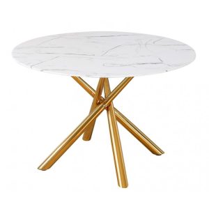 Mesa de comedor Sahara en metal dorado con tapa de cristal templado 120 cm de diámetro