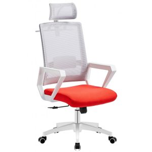 Silla de oficina Aston en color blanco con malla gris y tejido rojo