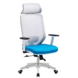Silla de oficina Clayton en color blanco con malla gris y tejido azul claro