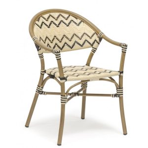 Sillón Mersin apilable en aluminio con ratán marrón crema y negro
