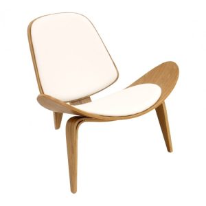 Sillón Nordic R en madera de fresno con tapizado en similpiel blanca