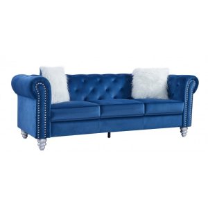 Sofá Chester Style de 3 plazas con tapizado velvet azul