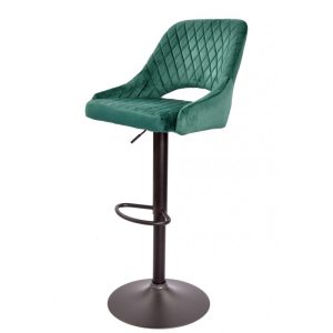 Taburete Yasur regulable en metal negro con tapizado velvet verde oscuro
